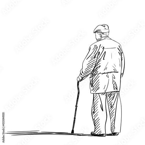old man from back with stick hand drawn vector sketch