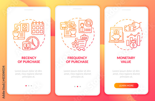 RFM analysis tool onboarding mobile app page screen with concepts. Recency, oftenness walkthrough 3 steps graphic instructions. UI, UX, GUI vector template with linear color illustrations