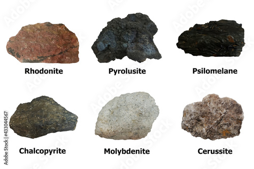 Collection of mineral rock stones including Rhodonite , Pyrolusite, Psilomelane, Chalcopyrite, Molybdenite and Cerussite  isolated on white background. photo