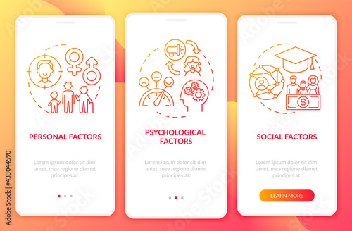 Buying decision factors onboarding mobile app page screen with concepts. Social status, identity walkthrough 3 steps graphic instructions. UI, UX, GUI vector template with linear color illustrations