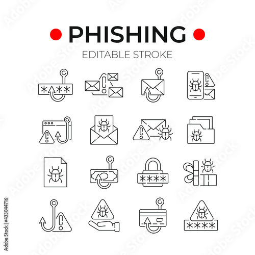 Phishing linear icons set. Spam. Hacking. Thin line customizable illustration. Contour symbol. Vector isolated outline drawing. Editable stroke