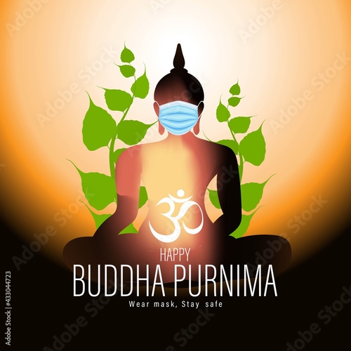 Indian Buddha Purnima festival with text, illustration is showing Buddha seating and absorbed in meditation