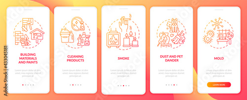 Household air pollutants onboarding mobile app page screen with concepts. Cleaning products, smoke walkthrough 5 steps graphic instructions. UI, UX, GUI vector template with linear color illustrations