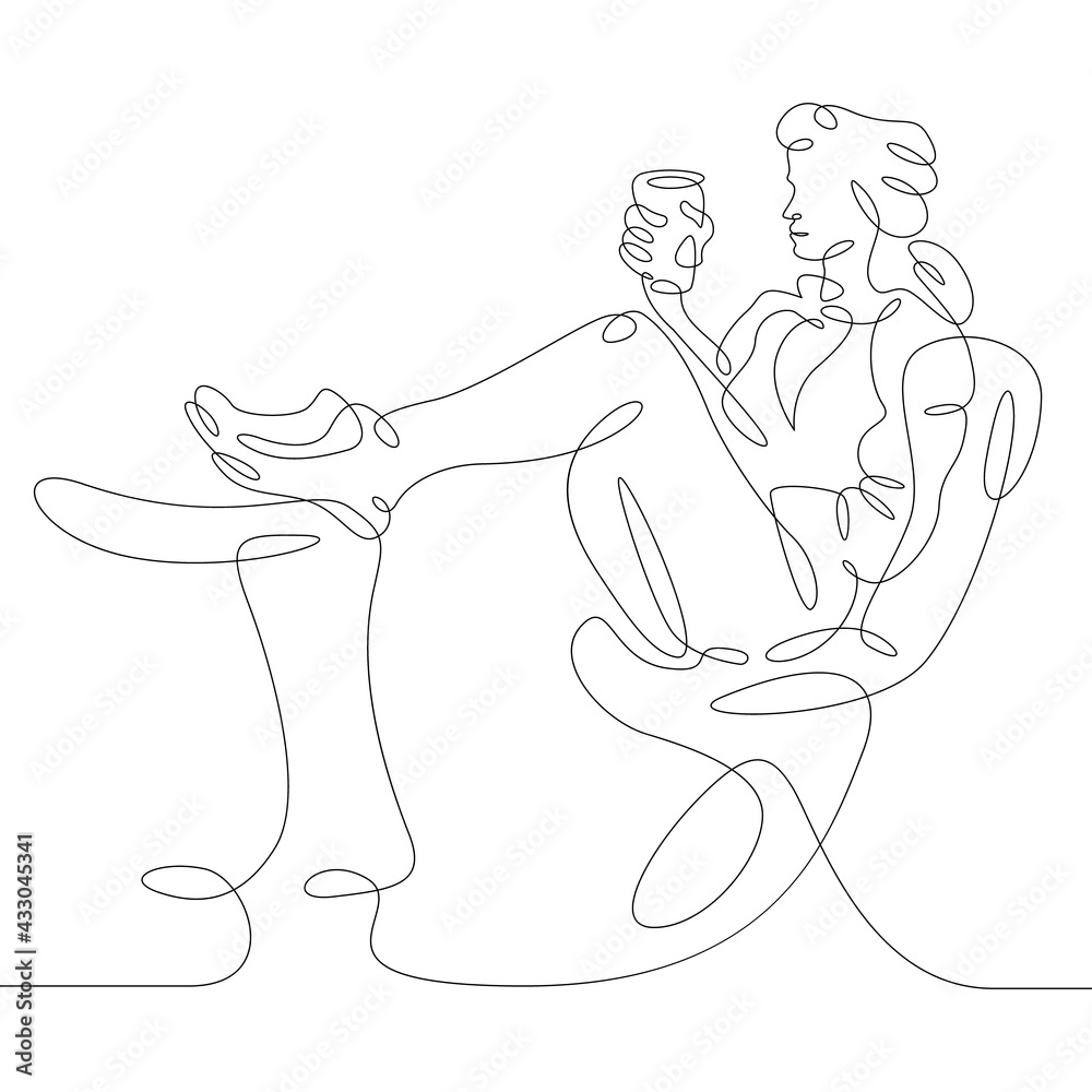 Female character sitting works in the office drinks coffee at the table. One continuous drawing line  logo single hand drawn art doodle isolated minimal illustration.