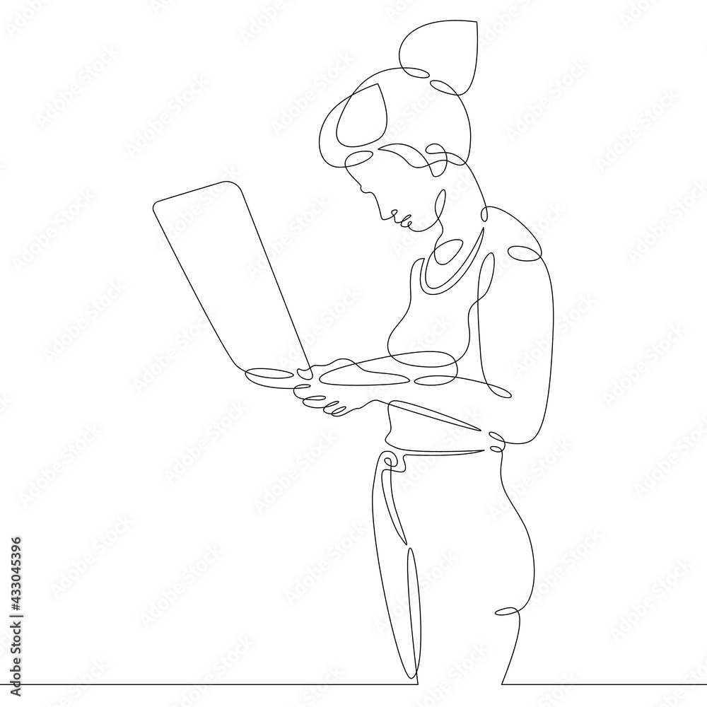 Female character at the work table in the office. Workplace laptop designer programmer manager. One continuous drawing line  logo single hand drawn art doodle isolated minimal illustration.