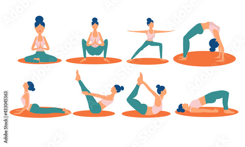 yoga poses movement sport healthy lifestyle girl avatar body illustration