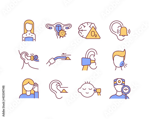 Ear diseases RGB color icons set. Health checkups. Skin rashes. Hearing impairment. Earwax blockage. Brain hypoxia. Ringing in ears. Cervix inflammation. Fluid buildup. Isolated vector illustrations