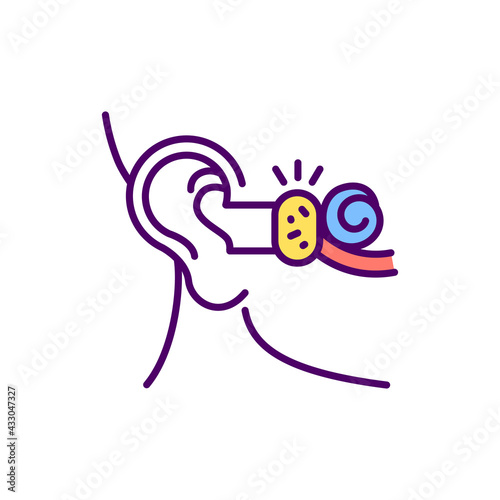 Earwax blockage RGB color icon. Softening wax. Fullness feeling. Buildup, damage in ear canal. Earache, tinnitus experiencing. Muffled hearing. Excessive cerumen. Isolated vector illustration