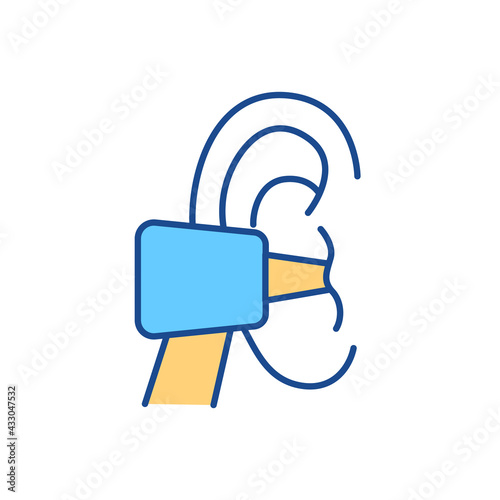 Ear irrigation RGB color icon. Excess earwax, debris removal. Microsuction procedure. Cerumen management. Softening wax in ear. Aural suction device. Earhole cleaning. Isolated vector illustration photo