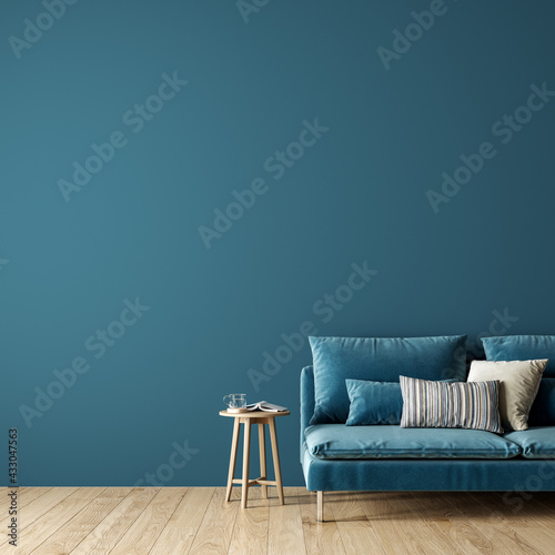 Fototapeta Naklejka Na Ścianę i Meble -  Modern interior design of living room with blue sofa  and empty mock up wall background 3D Rendering, 3D Illustration	