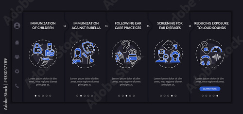 Hearing disorder avoidance onboarding vector template. Responsive mobile website with icons. Web page walkthrough 5 step screens. Screening to diseases night mode concept with linear illustrations
