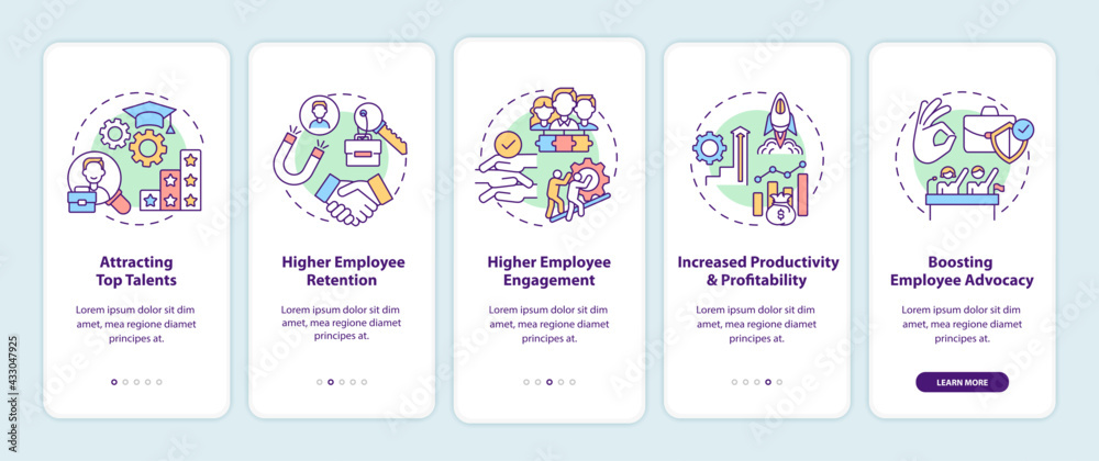 Company culture benefits onboarding mobile app page screen with concepts. Top talents, engagement walkthrough 5 steps graphic instructions. UI, UX, GUI vector template with linear color illustrations