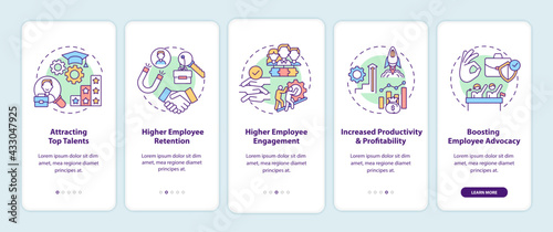 Company culture benefits onboarding mobile app page screen with concepts. Top talents, engagement walkthrough 5 steps graphic instructions. UI, UX, GUI vector template with linear color illustrations