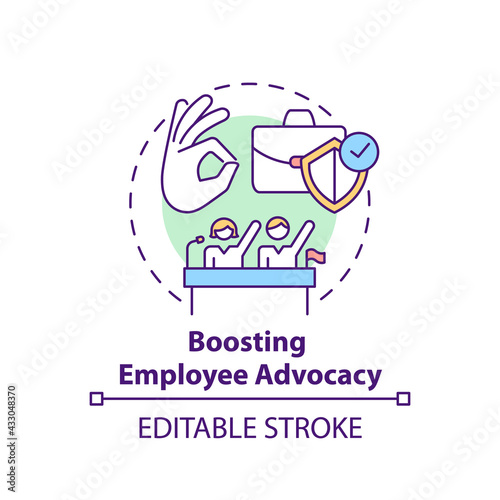 Boosting employee advocacy concept icon. Company culture idea thin line illustration. Clear policy setting. Organization image improvement. Vector isolated outline RGB color drawing. Editable stroke