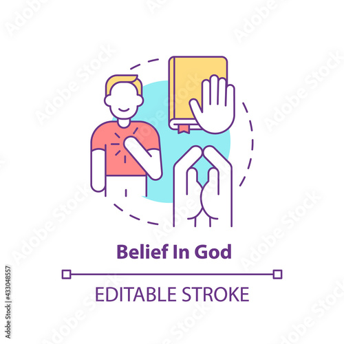 Belief in God concept icon. Personal value idea thin line illustration. Religiosity. Strengthening faith. Building spiritual relationships. Vector isolated outline RGB color drawing. Editable stroke