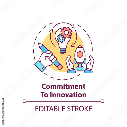 Commitment to innovation concept icon. Transforming new ideas into results idea thin line illustration. Building unique innovative culture. Vector isolated outline RGB color drawing. Editable stroke