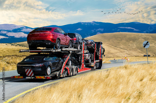 Car transporter truck. In the background mountains, blue skies and flying birds. No logo.
