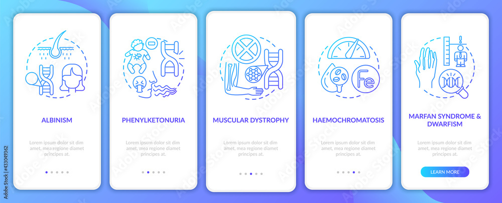 Most common genetic disorders navy onboarding mobile app page screen with concepts. Illness walkthrough 5 steps graphic instructions. UI, UX, GUI vector template with linear color illustrations