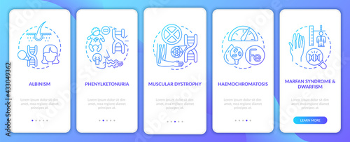 Most common genetic disorders navy onboarding mobile app page screen with concepts. Illness walkthrough 5 steps graphic instructions. UI, UX, GUI vector template with linear color illustrations photo