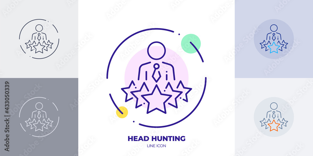 Head hunting 5 stars professional line art vector icon. Outline symbol of professional staff. 5 star candidate sign made of thin stroke. Isolated on background.