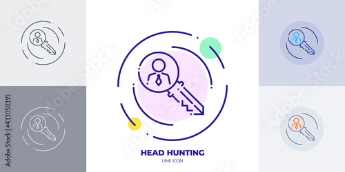 key hr line art vector icon. Outline symbol of head hunting. Human resources relates sign made of thin stroke. Isolated on background.