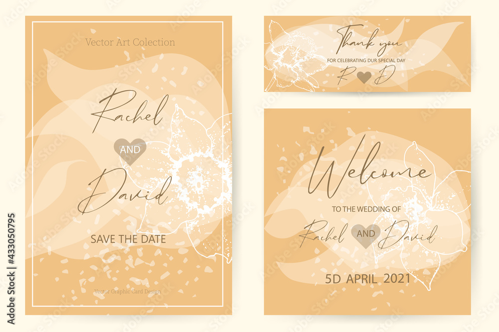 Abstract set of templates for wedding invitations. Vector, contour design of a daffodil on transparent petals.
