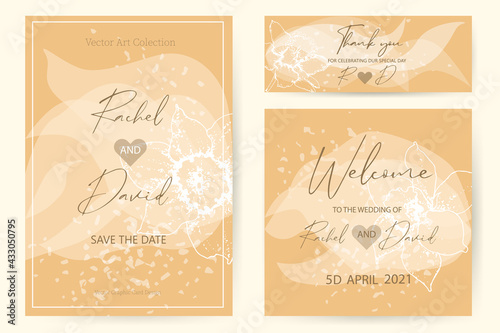 Abstract set of templates for wedding invitations. Vector, contour design of a daffodil on transparent petals.
