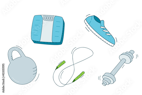 Set of items for sports equipment.Kettlebell and dumbbell with a skipping rope and weigher.Isolated colored objects with a contour.Doodle on a white.