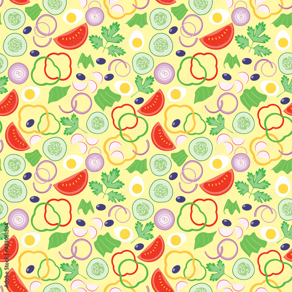 Fototapeta premium yellow seamless pattern with tomatoes and cucumbers and onion and eggs - vector illustration