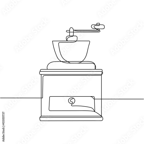 Continuous one line of retro coffee grinder in silhouette. Linear stylized. Minimal style.