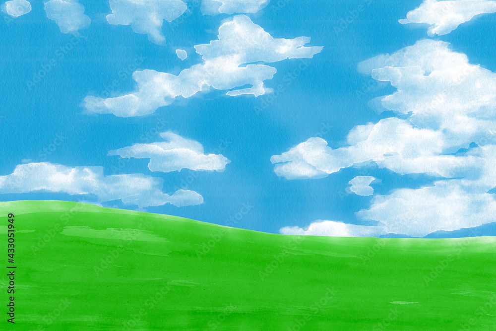 Fototapeta premium 緑の草原と青空水彩画