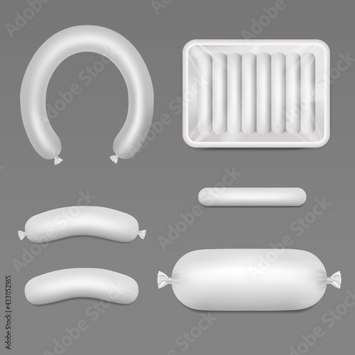 Vector realistic Sausages Set. Packaging Mockup. Different forms ready for branding. Blank food template. EPS10. 