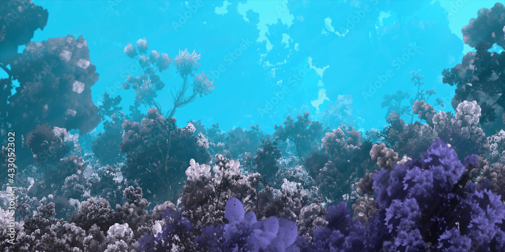 Obraz premium Colorful fantasy forest. Abstract imaginary plants. Vivid concept art scenery. 2d illustration.