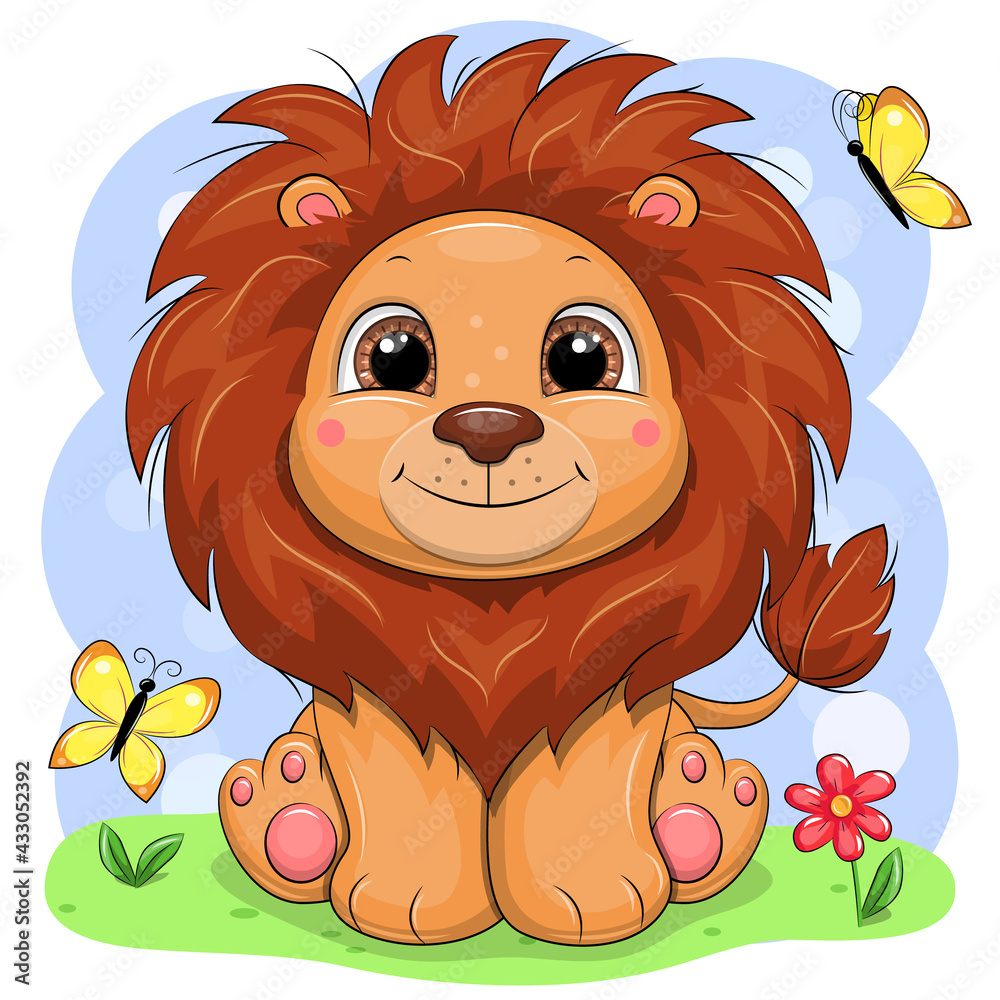 Cute cartoon lion with butterflies and flower. Vector illustration of an  animal in nature. Stock Vector | Adobe Stock