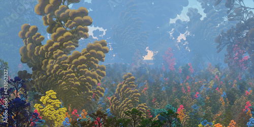 Fototapeta Naklejka Na Ścianę i Meble -  Colorful fantasy forest. Abstract imaginary plants. Vivid concept art scenery. 2d illustration.