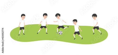 Boys playing soccer game together. Junior football. Vector flat style cartoon illustration. 