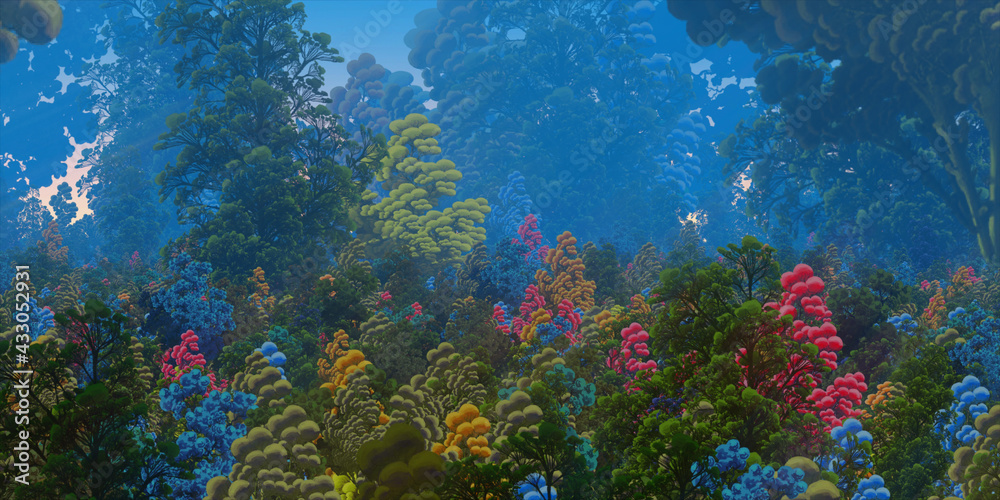 Colorful fantasy forest. Imaginary plants. Dense haze. Vivid concept art scenery. 2d illustration.