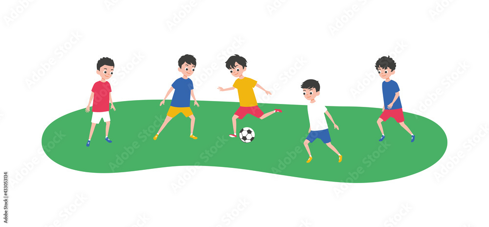 Boys playing soccer game together. Junior football. Vector flat style cartoon illustration. Boys playing soccer game together. Junior football. Vector flat style cartoon illustration.