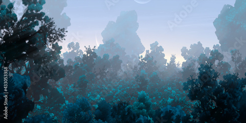 Colorful fantasy forest. Abstract imaginary plants. Vivid concept art scenery. 2d illustration.