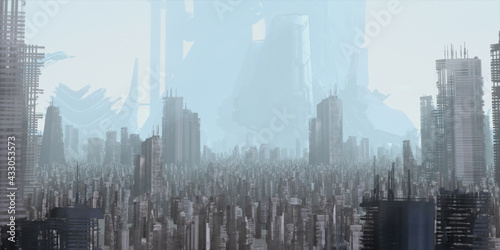 Skyscraper ruins. Apocalypse aerial view. Futuristic abandoned city. Calm downtown scene. Financial district remnants.