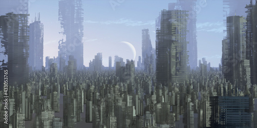 Skyscraper ruins. Apocalypse aerial view. Futuristic abandoned city. Calm downtown scene. Financial district remnants.