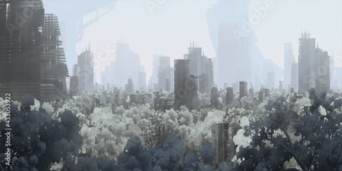 Skyscraper ruins. Apocalypse aerial view. Futuristic abandoned city. Calm downtown scene. Financial district remnants.