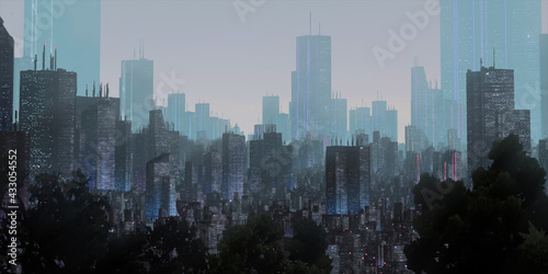 Cityscape skyline. Aerial view of downtown. Calm scene. Financial district. Skyscrapers with lights. © Jakub