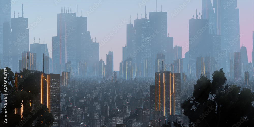 Cityscape skyline. Aerial view of downtown. Calm scene. Financial district. Skyscrapers with lights.