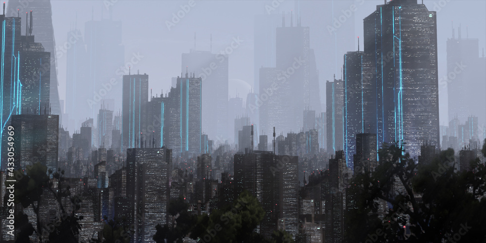 Cityscape skyline. Aerial view of downtown. Calm scene. Financial district. Skyscrapers with lights.