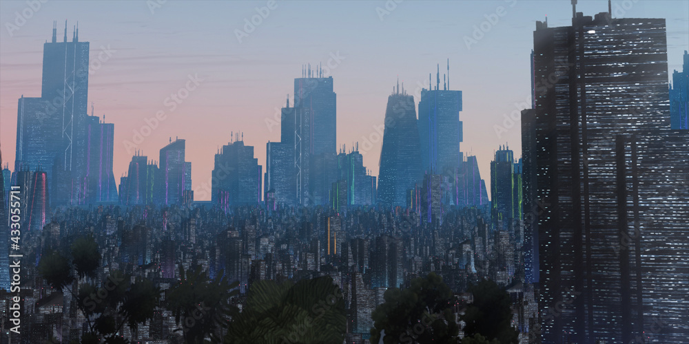Cityscape skyline. Aerial view of downtown. Calm scene. Financial district. Skyscrapers with lights.
