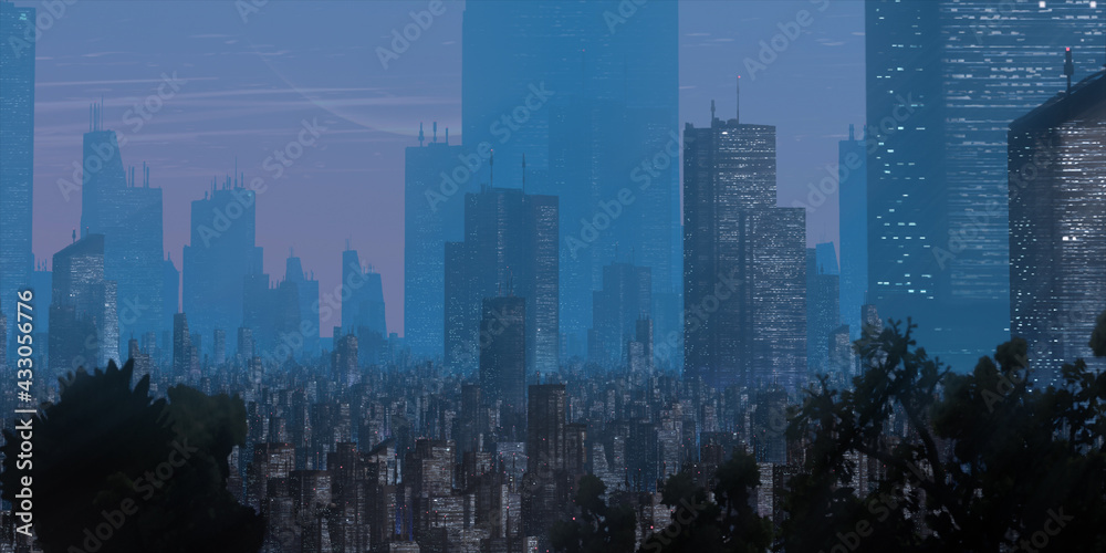 Cityscape skyline. Aerial view of downtown. Calm sunset scene. Financial district. Skyscrapers with lights.