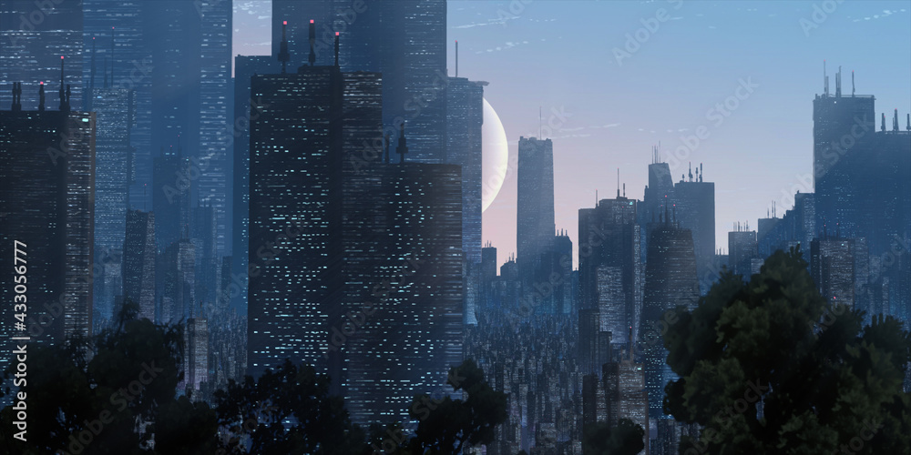 Fototapeta premium Cityscape skyline. Aerial view of downtown. Calm sunset scene. Financial district. Skyscrapers with lights.