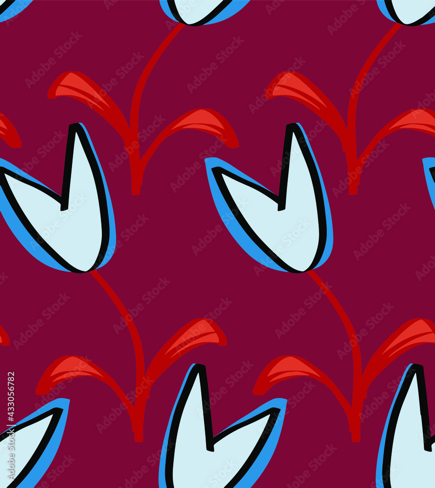 Fototapeta premium Abstract Hand Drawing Heart Shape Tulips and Leaves Repeating Vector Pattern Isolated Background