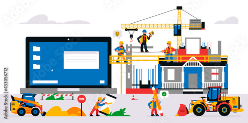 Fototapeta Naklejka Na Ścianę i Meble -  The website is under construction. Service page warning that will be coming soon. Construction site with machinery, builders, tools, unfinished house. Isolated vector illustration on background